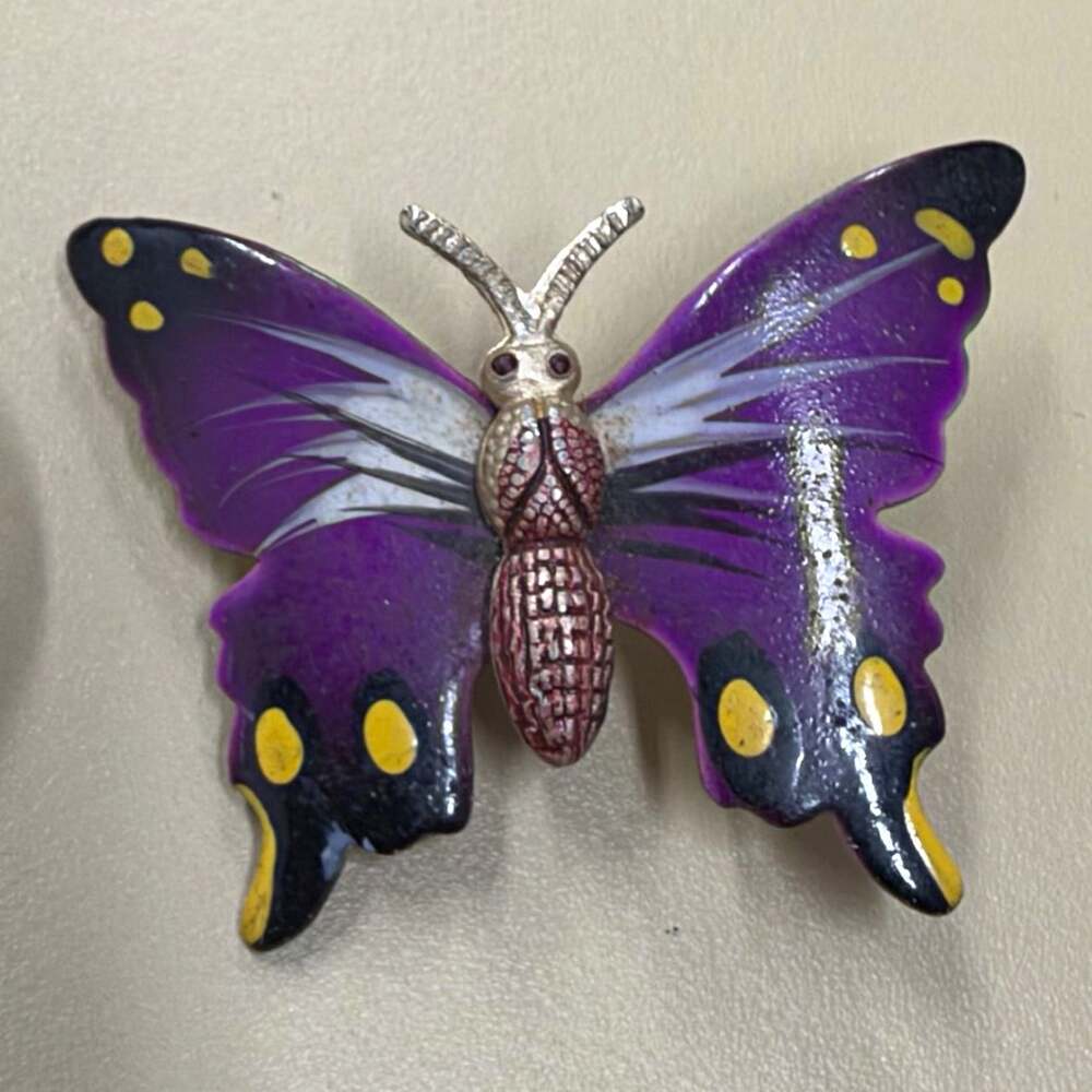 Vintage Purple Butterfly Brooch Pin Enamel Painted Metal Made in Korea